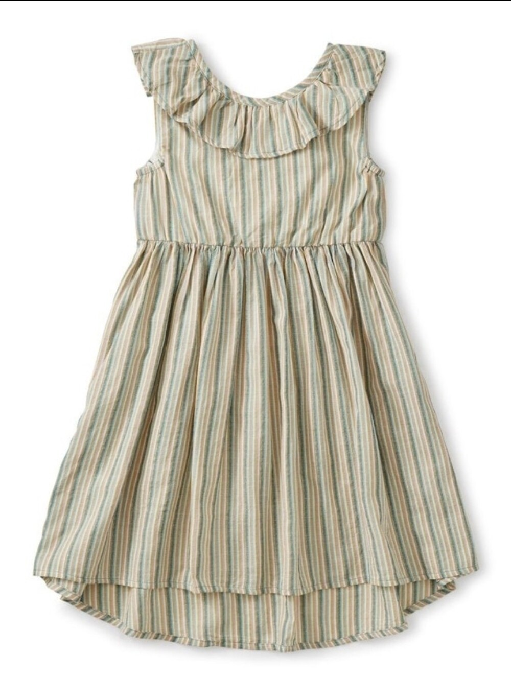 Tea Collection Striped Ruffle-Yoke Dress in Green and Cream Size 5